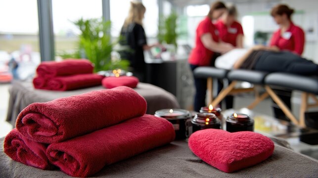 Couple enjoys Valentine's Day massage in a spa with heart-shaped towels and candles for a special experience - Powered by Adobe