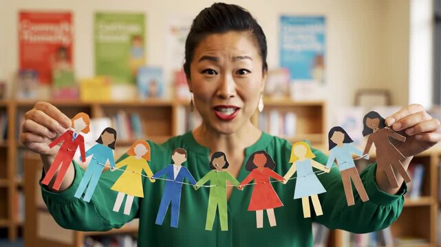 Woman holding diverse paper cut-out figures - A smiling woman in a green blouse holds a string of diverse paper cut-out figures symbolizing unity and inclusion.