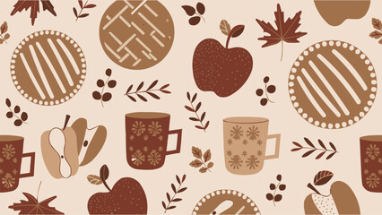 Autumn seamless pattern with apples pies leaves mugs and warm fall elements in rustic brown tones