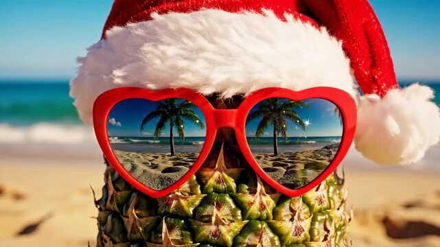 Tropical Holiday Pineapple Santa - A pineapple wearing a festive Santa hat and heart-shaped sunglasses sits on a sandy beach.