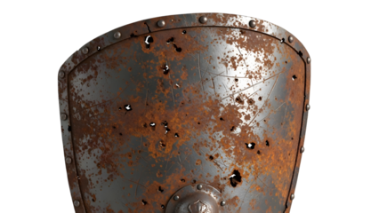 Heavily Rusted Medieval Shield with Bullet Holes and Scratches isolated on a transparent background ancient armor