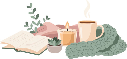 Relaxing Scene with Book Candle Coffee and Knitted Blanket Vector Illustration for Calm Cozy Atmosphere and Self-Care Moments Concept