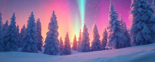 A winter wonderland with snow-covered trees and a vibrant aurora borealis in the sky