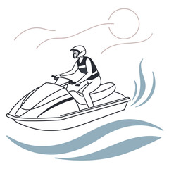 Person Riding Jet Ski with Stylized Sun and Water Waves Keywords: jet ski, person, rider, helmet