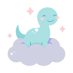 Cute cartoon dinosaur sitting on a fluffy cloud