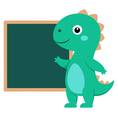 Cute green dinosaur standing next to a chalkboard