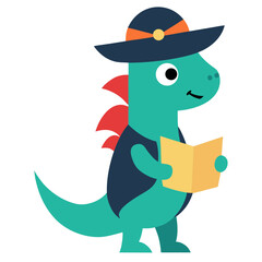 Cute cartoon dinosaur wearing a hat and reading a book