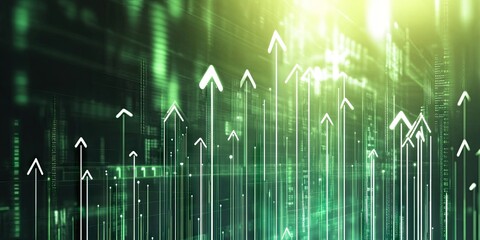 A dynamic digital background with glowing white and green upward-pointing arrows rising through a futuristic grid of light streaks