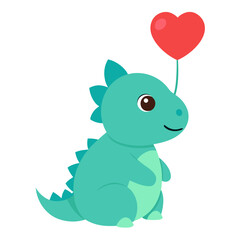 Cute teal dinosaur holding a red heart balloon