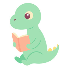 Cute green dinosaur reading a book