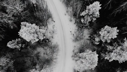 Aerial view of a winding road through a winter forest with snow-covered trees