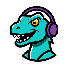 Turquoise dinosaur mascot wearing purple headphones