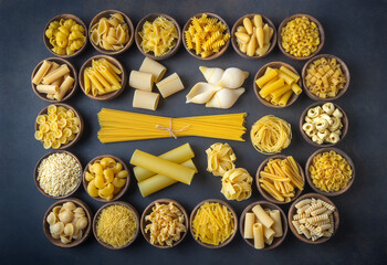 Composition with different tasty uncooked pasta - Italian pasta wallpaper, different types and shapes of pasta layout