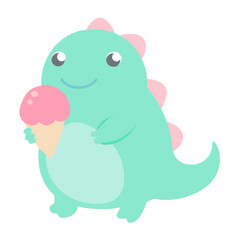 Cute teal dinosaur holding a pink ice cream cone