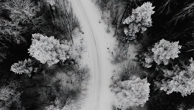 Aerial view of a winding road through a winter forest with snow-covered trees - Powered by Adobe