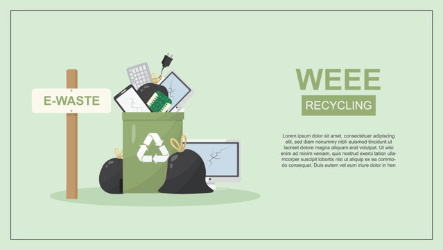 WEEE Recycling Concept Recycling bin with discarded electronics and ewaste. E-waste banner. Waste. Infographic. Vector illustration