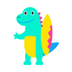 Cute cartoon dinosaur with a surfboard on its back