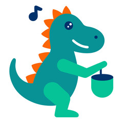 Cute cartoon dinosaur holding a bucket with a musical note