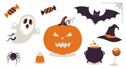 Obraz premium Fun Halloween elements collection cute ghost, carved pumpkin, flying bat, witch hat, cauldron, spider, and candies