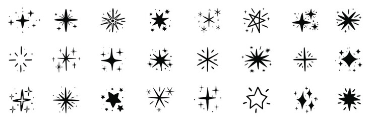 Hand drawn cute star spark doodle element icon set .vector star icons in modern flat and line styles. Cute star shape twinkle glitter spark shine crayon texture brush icon. vector illustration