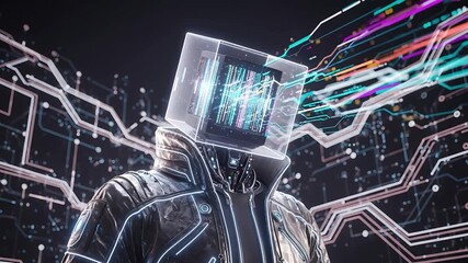 Futuristic cyborg with transparent monitor head streaming neon data across circuit backdrop. - Powered by Adobe