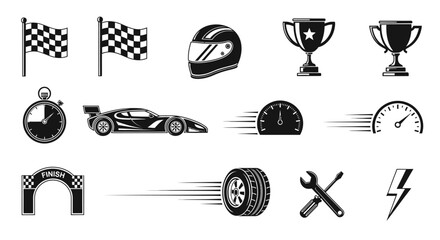 Obraz premium Set of racing icons checkered flags, helmet, trophy, stopwatch, race car, speedometer, finish line, tire, wrench, and lightning bolt