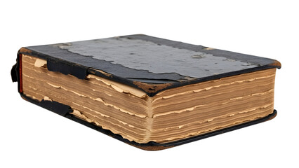Heavily worn antique leather bound book with tattered pages and cover isolated on a transparent background