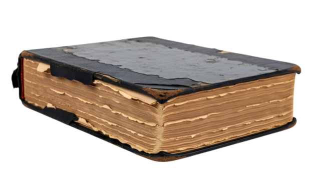 Heavily worn antique leather bound book with tattered pages and cover isolated on a transparent background