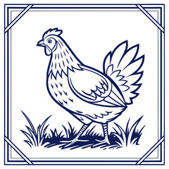 Obraz premium Stylized chicken in grass within a decorative square frame bird poultry