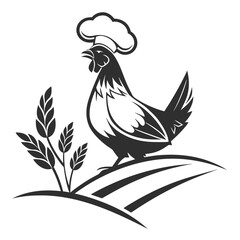 Rooster wearing a chef hat on a stylized landscape chicken bird © Bakkar