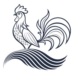 Stylized Rooster Silhouette Standing on Abstract Waves chicken bird