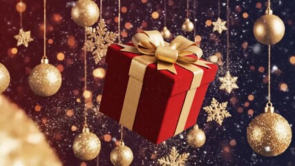 Sparkling Christmas Gift Box - A red Christmas gift box wrapped with a gold ribbon is floating amidst sparkling snowflakes and floating golden ornaments. - Powered by Adobe