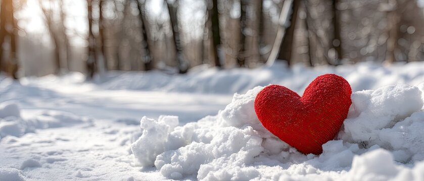 Red heart rests in snow with sunlight shining through forest on a winter day for romantic celebration of love and connection in nature
