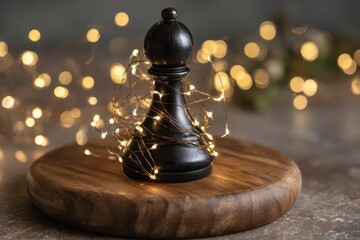 A sleek black chess pawn wrapped in twinkling fairy lights, placed on a rustic wooden table, casting warm reflections and evoking a cozy holiday mood