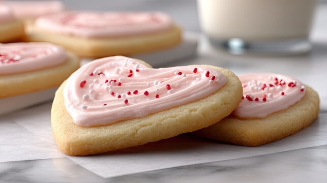 Heart-shaped cookies with pink frosting and sprinkles arranged for a Valentine's Day celebration on a white marble surface