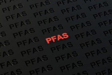 Obraz premium A repeating pattern of the chemical acronym PFAS is highlighted in bright red on a dark, textured surface, emphasizing a critical environmental issue.
