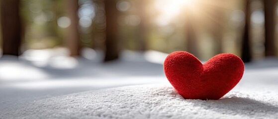 Red heart resting in snow on winter day with sunlight shining through trees in forest setting