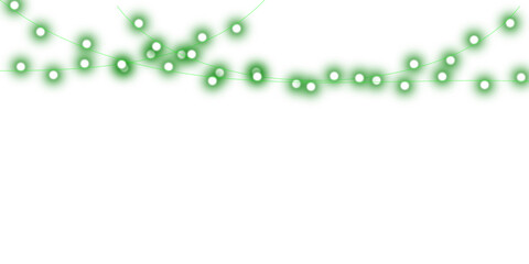 A decorative string of glowing green fairy lights hanging in a swag against a plain white background.