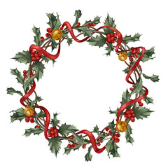 Christmas Holly Wreath with Red Ribbon &mdash; Holiday Botanical PNG