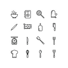 Collection of kitchen utensil line art icons