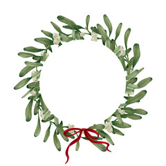 Round Mistletoe Frame with Red Bow &mdash; Christmas Botanical PNG
