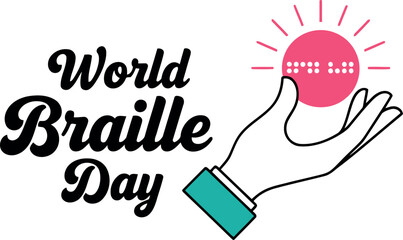 World braille day illustration with a hand holding a glowing pink orb representing knowledge and accessibility