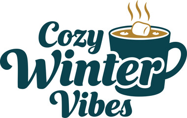 Cozy winter vibes text overlay with steaming hot chocolate mug and marshmallows illustration