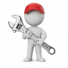 3d generic humanoid worker character holding adjustable wrench red cap service