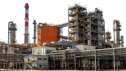Industrial oil refinery complex with tall smokestacks and orange storage tank isolated on a transparent background