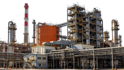 Industrial oil refinery complex with tall smokestacks and orange storage tank isolated on a transparent background