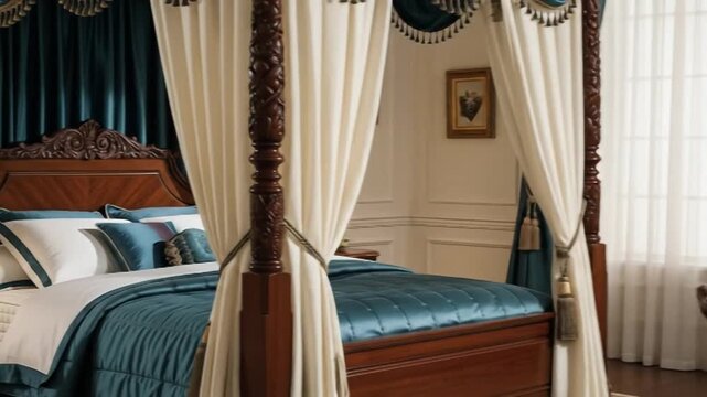 Elegant bedroom interior with a luxurious four-poster bed showcasing luxury and comfort