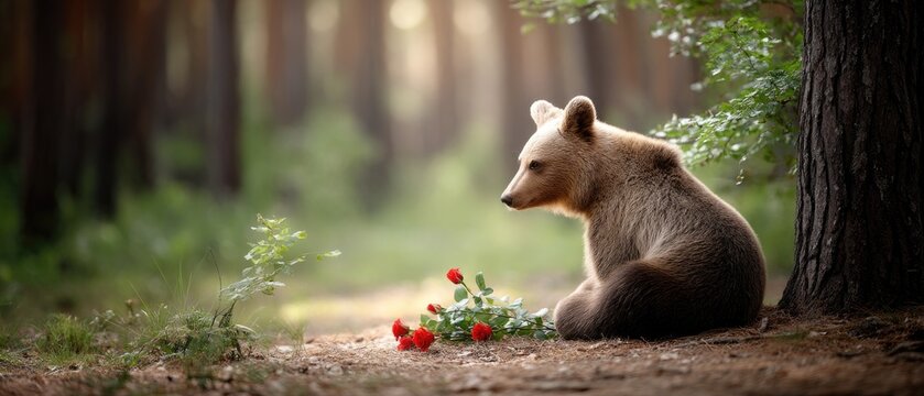 Brown bear holds red roses in forest during sunset, celebrating love with a Valentine's Day theme and a warm backdrop of green trees and vibrant colors - Powered by Adobe
