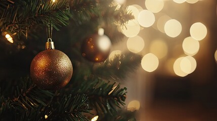 Close-up of elegant golden Christmas baubles hanging on snow-dusted pine branches, illuminated by soft warm fairy lights with dreamy bokeh in the background.
