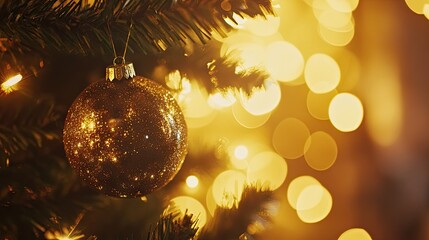 A warm, dreamy close-up of golden Christmas tree lights and ornaments with soft bokeh glow, surrounded by frosted pine needles sparkling in festive amber light